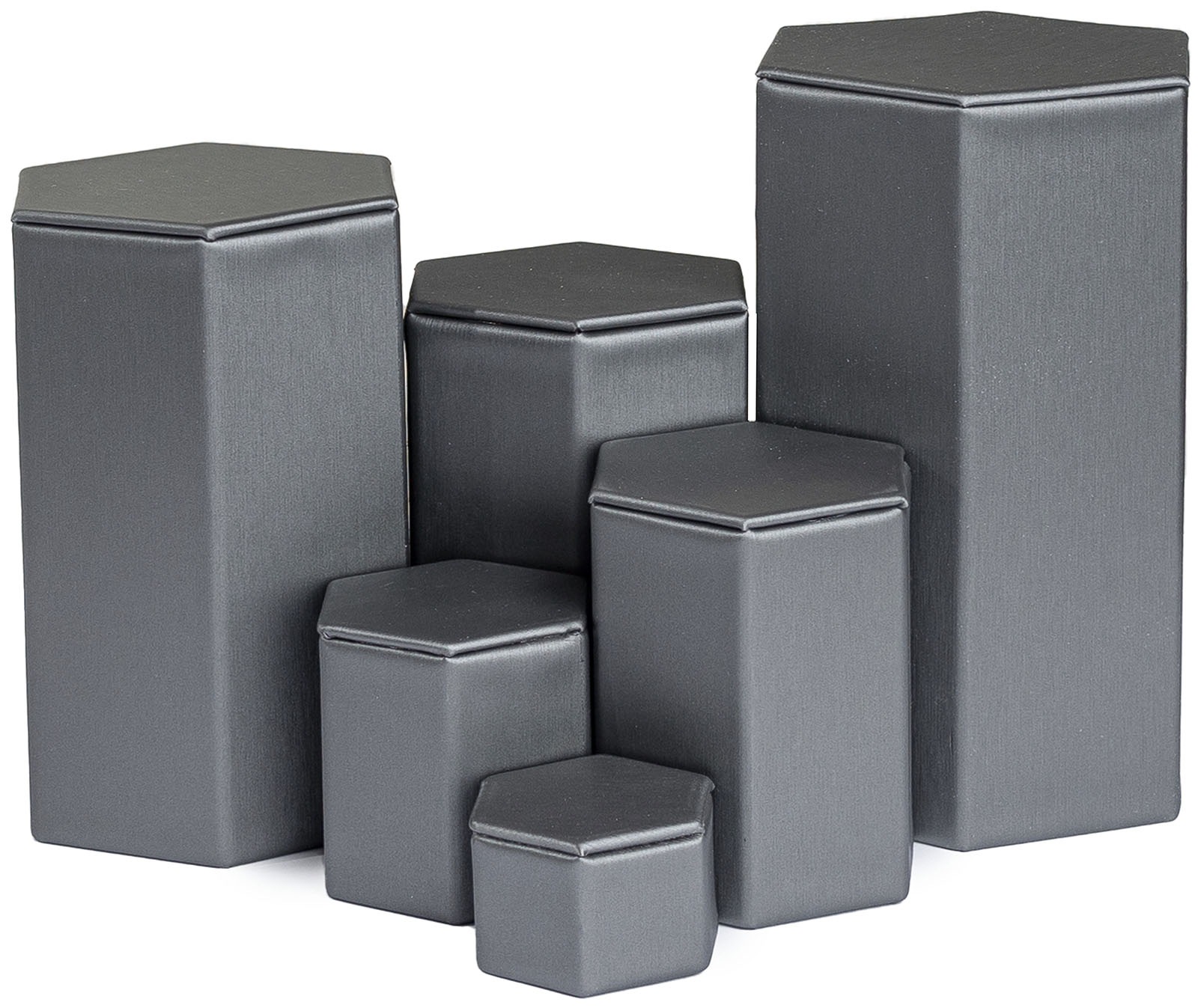 Novel Box Leatherette 6 Pc Hexagonal Risers In Brushed Steel Gray
