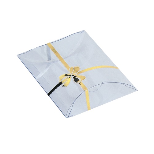 Clear Plastic Pillow Boxes with Printed Gold Ribbon