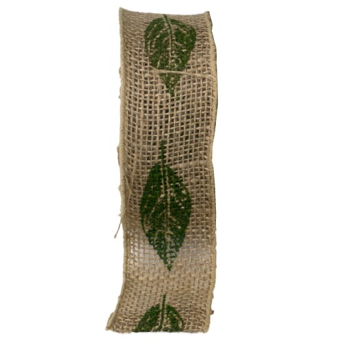 Wired Burlap Jute Ribbon with Leaf Print
