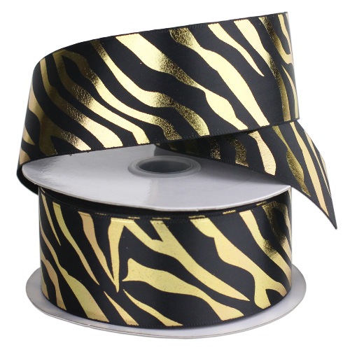 Gold on Black Metallic Satin Zebra Print Ribbon