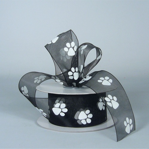 Black Sheer Ribbon with White Paw Print