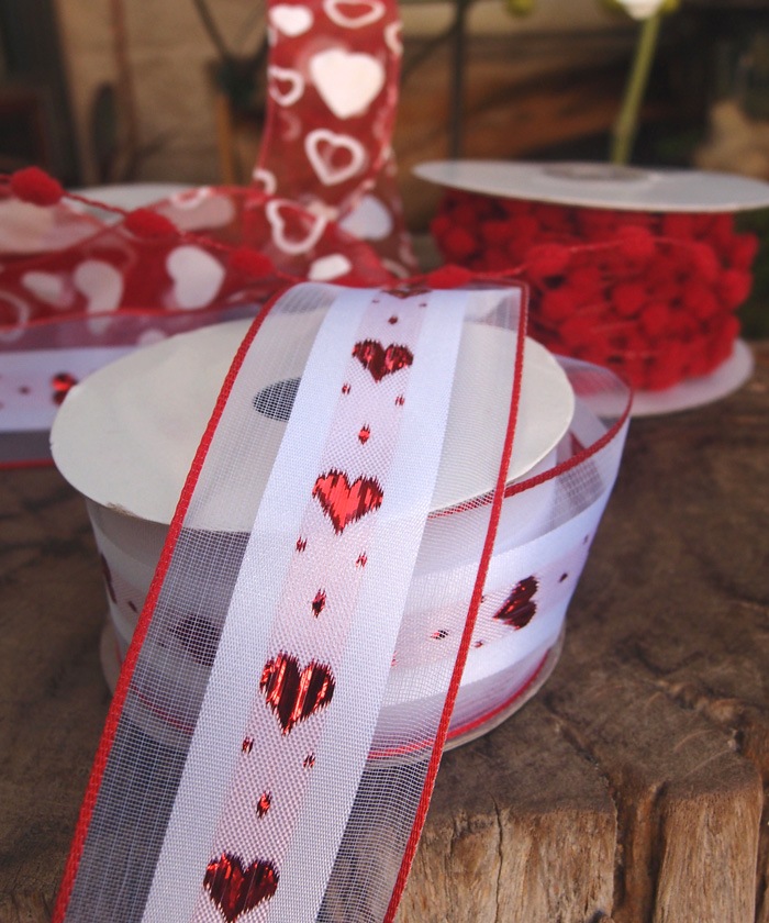 White with Red Heart & Wire Edge Ribbon