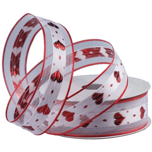 White with Red Heart & Wire Edge Ribbon