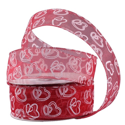 Red with White Heart Print & Wire Edge Ribbon