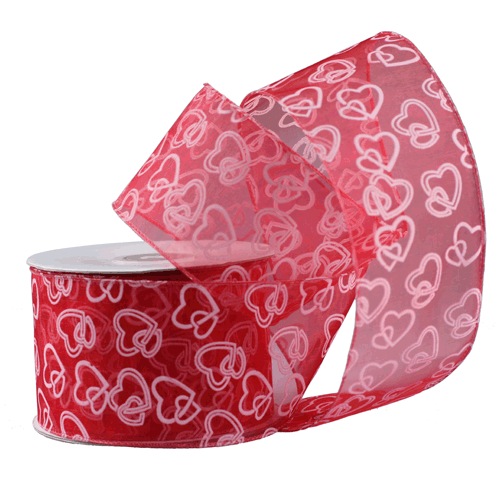 Red with White Heart Print & Wire Edge Ribbon