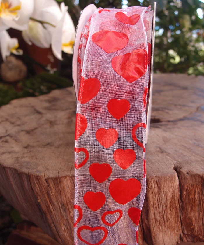 White with Red Heart Print & Wire Edge Ribbon