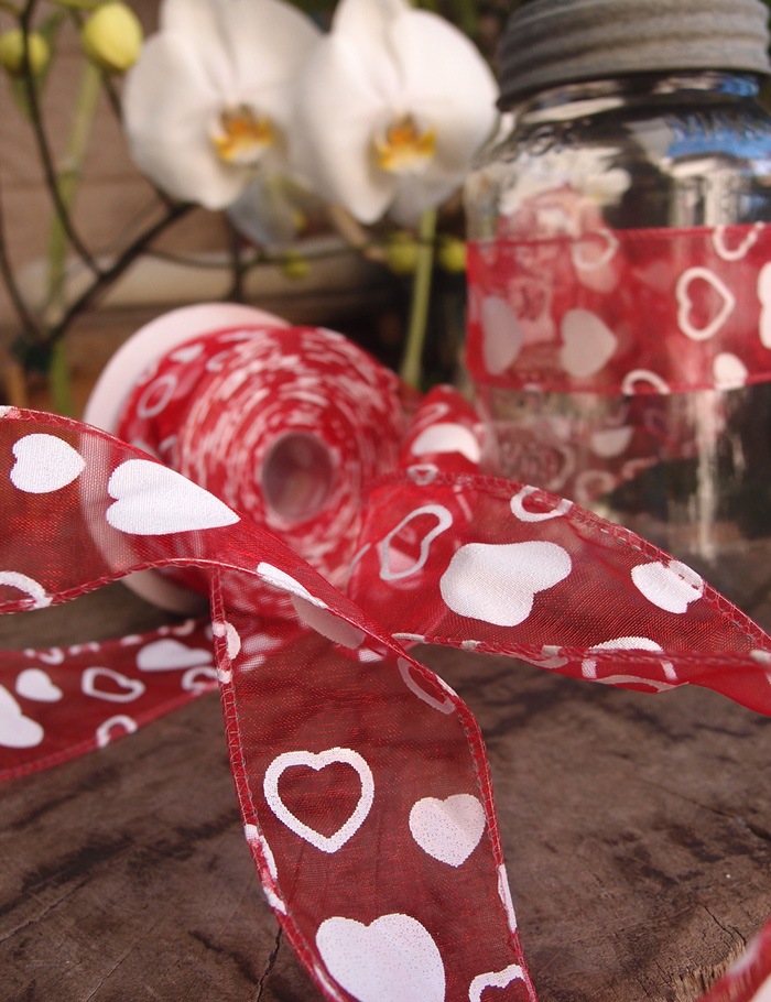 Red with White Heart Print & Wire Edge Ribbon