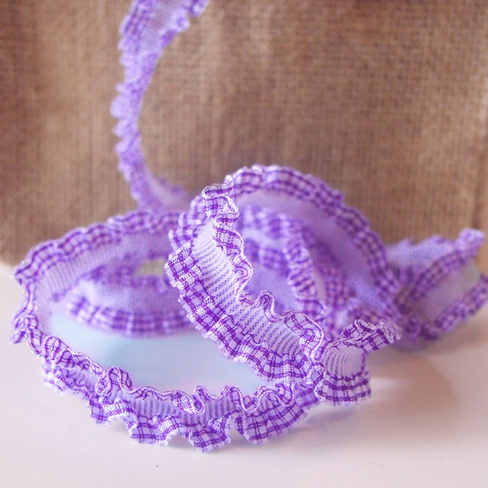 Purple Gingham Ruffled Ribbon Stetch Trim Ribbon