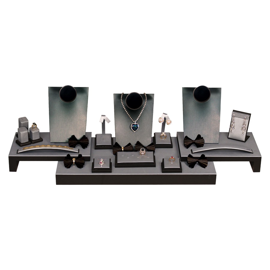 Steel Grey Faux Leather with Black Faux Leather Trim Display Set