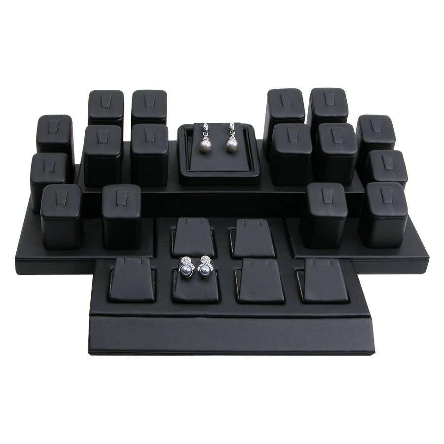 Black Faux Leather 16-Ring & 7 Earring/Pendant Display Set