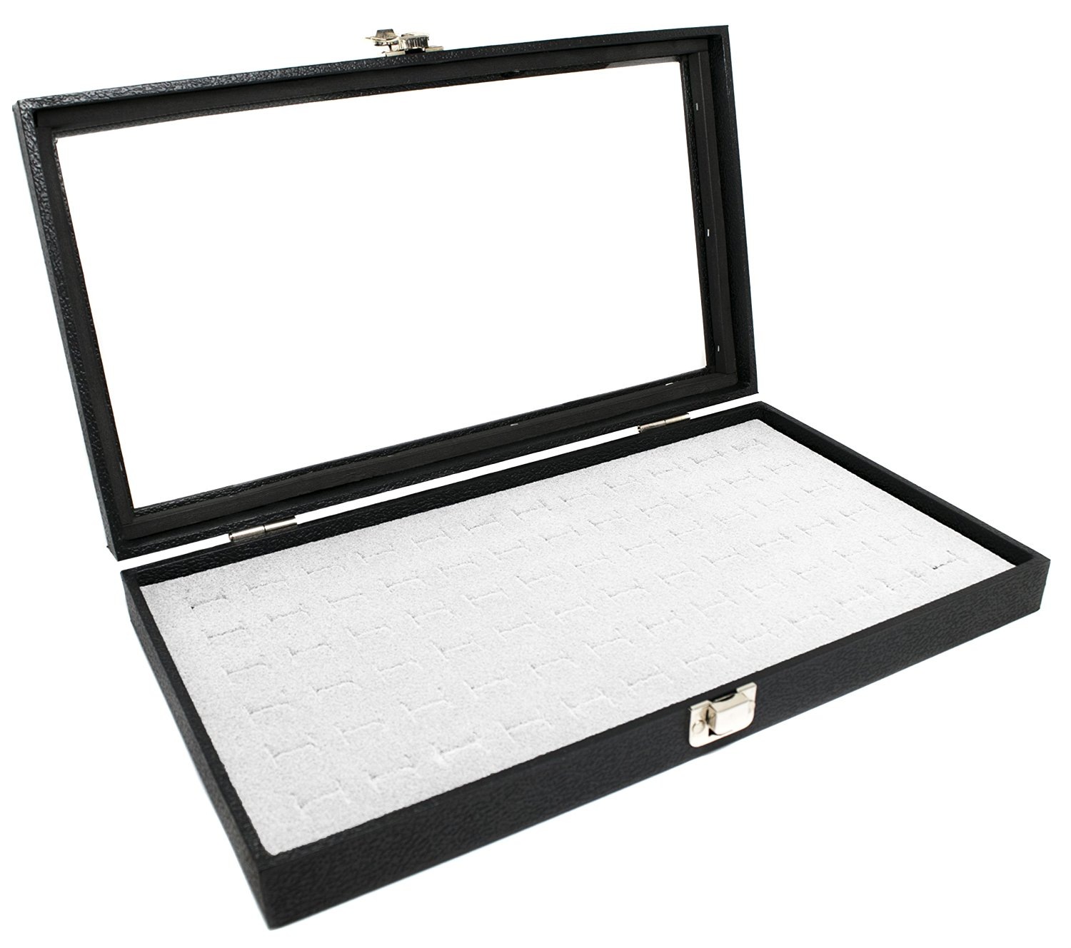 Glass Top Wood Box, Hinged with Latch, 72 White Ring Foam Insert
